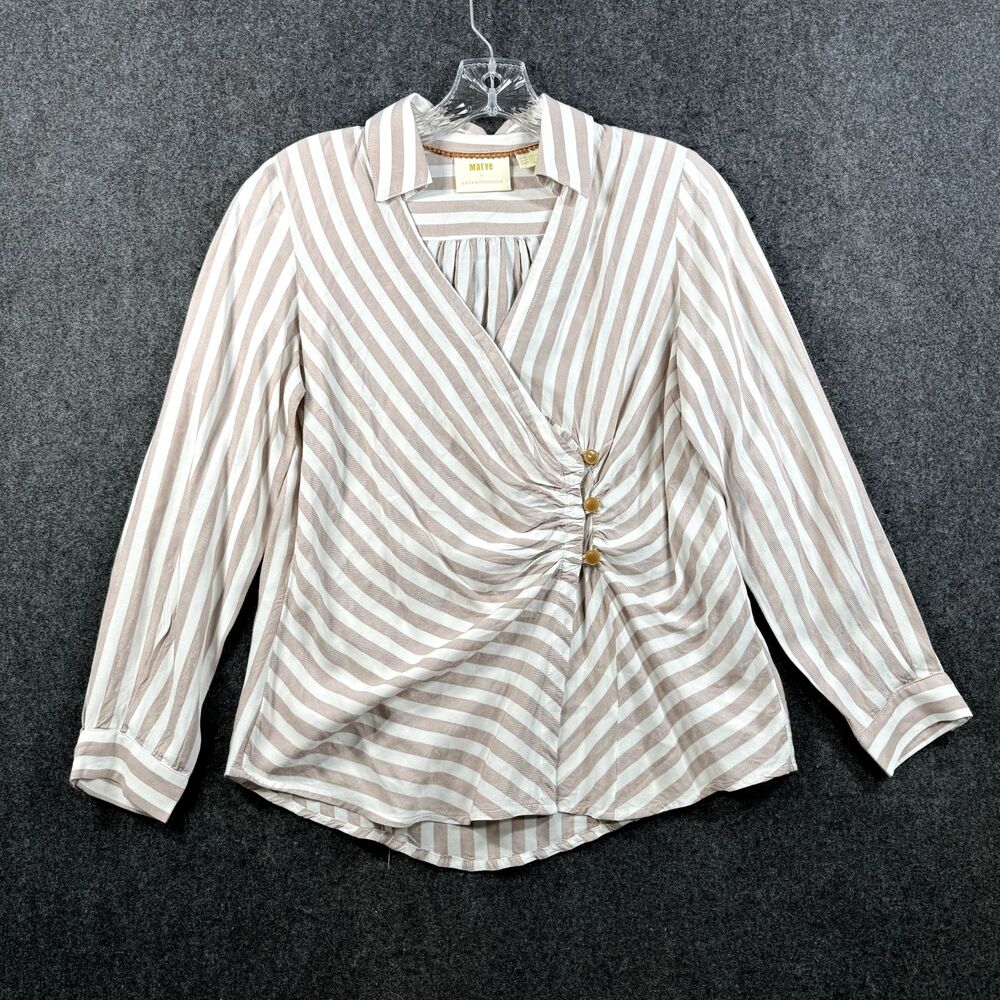Anthropologie Maeve Surplice Blouse Women's 4P Blush White Striped Wrap Top